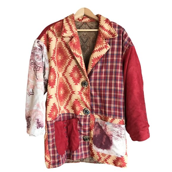 Upcycled Tapestry Coat M - L: Handmade Lined Southwestern Aztec Patchwork Jacket - Picture 1 of 16